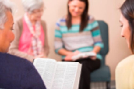 Group of adults discussing a book