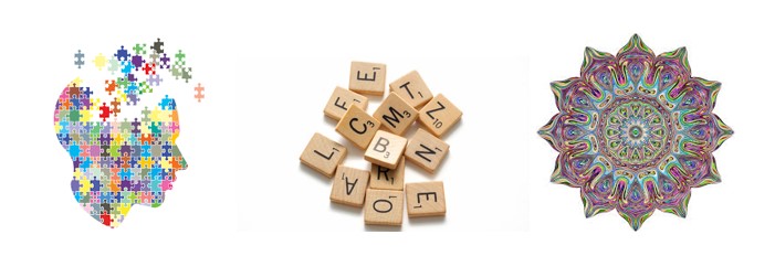 A head of coloured jigsaw pieces, Scrabble tiles, and a coloured image