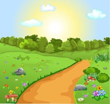 Colourful cartoon image of a path through countryside