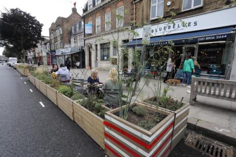 Description: Parklet outside Bluebelles of Portobello, Mill Hill