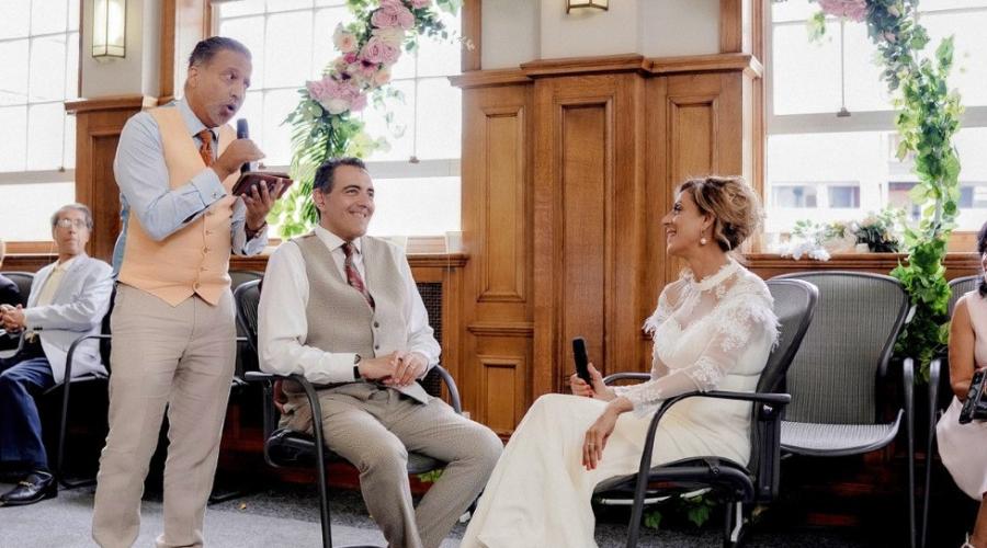 Couple seated in Ceremony Room at Hendon Town Hall