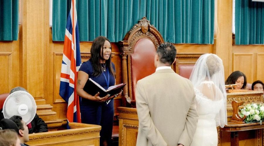 Marriage ceremony at Hendon Town Hall Chambers room