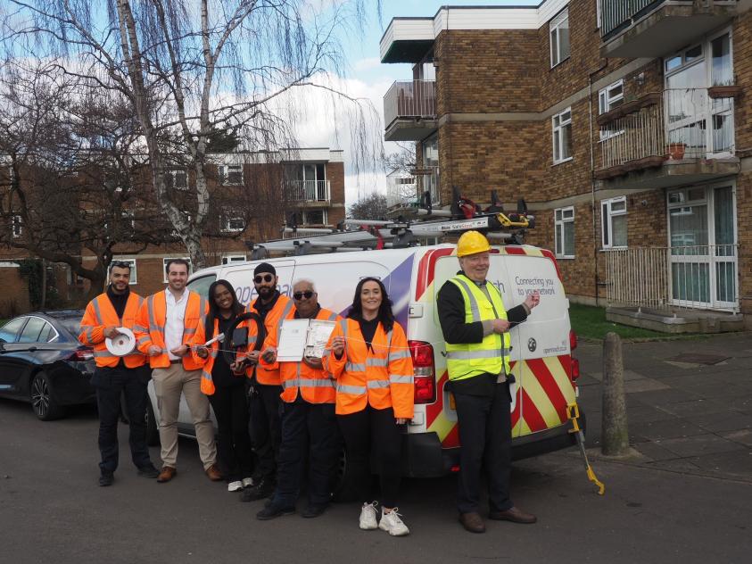 The Leader of Barnet Council, Cllr Barry Rawlings, with the Openreach staff helping to install faster and more reliable broadband throughout the borough.