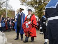 The Worshipful Mayor of Barnet, Cllr Tony Vourou, lays a wreath at Hendon War Memorial